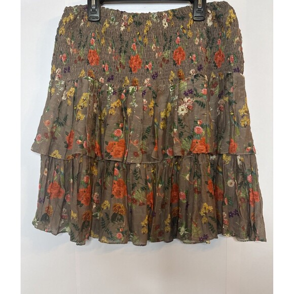 Carolina K Womens Mini Skirt Silk Smocked S Tiered Boho Floral Feminine Ruffle - Picture 1 of 5